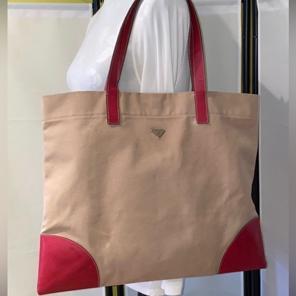 Prada Large Beige Canvas Red Leather Shoulder Tote